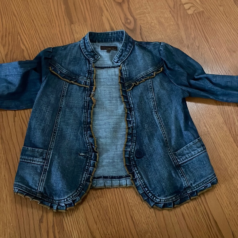 UB Jeans Cropped bolero denim jean jacket with ruffle trim